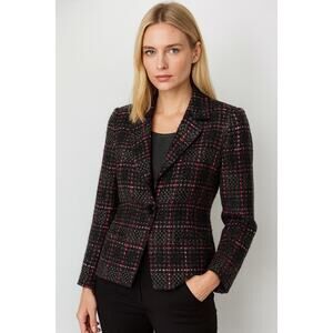 KASPER Black Gray Pink Plaid Tweed Pattern Blazer Jacket Size Petite 2
